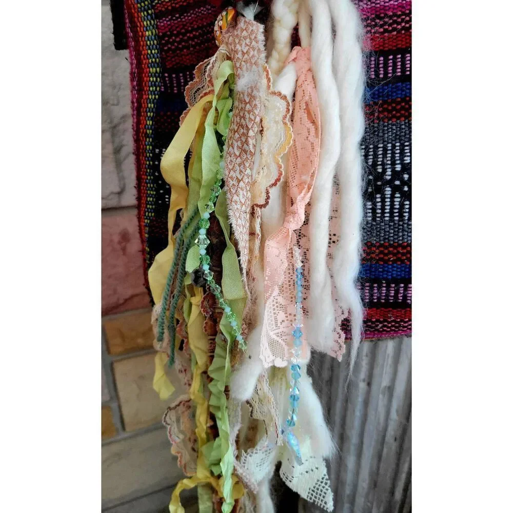 Unique embellished boho hippy purse vibrant colors and lace strands